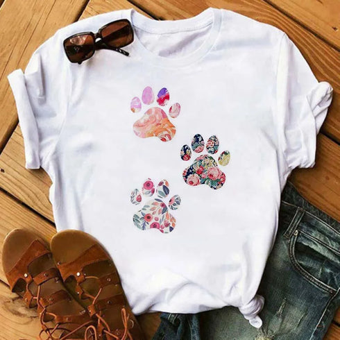 Maycaur Dogs Paws Printed T Shirt for Women-Fashion Summer Tee Shirt